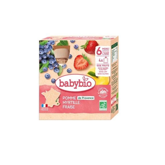 Babybio Pomme Myrtille Fraise 6 Mois et plus Bio 4 Gourdes de 90 g