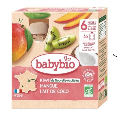 Babybio Kiwi de Nouvelle-Aquitaine Mangue Lait de Coco Pack de 4 gourdes de 90g