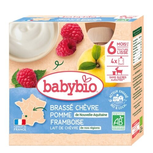 Babybio Brassé Chèvre Pomme de Nouvelle Aquitaine Framboise 6 Mois et plus Bio 4 Gourdes de 85 g