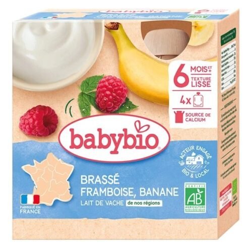 Babybio Brassé Framboise Banane 6 Mois et plus Bio 4 Gourdes de 85 g