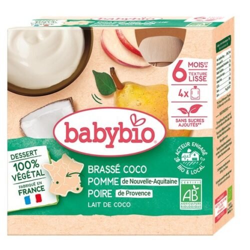 Babybio Desserts Végétaux Bébé Brassé Coco Pomme de Nouvelle Aquitaine Poire de Provence Pack de 4 gourdes de 85g