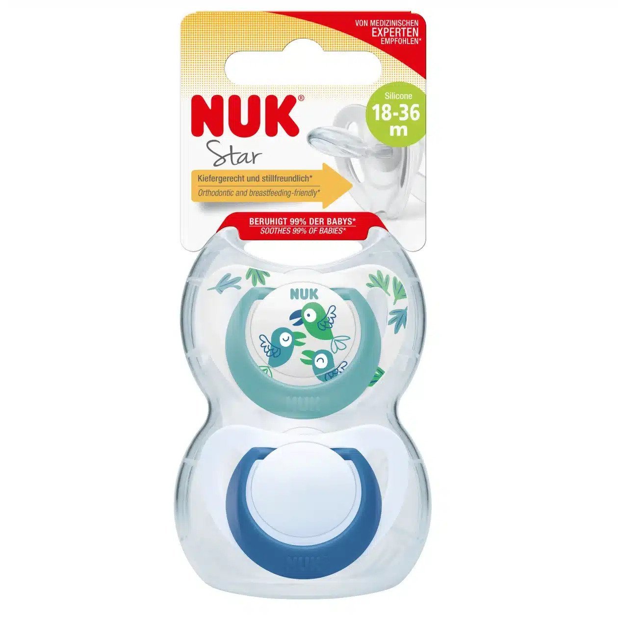 NUK Sucette en Silicone 18 à 36 mois – 2 pièces (Turquoise/Bleu)
